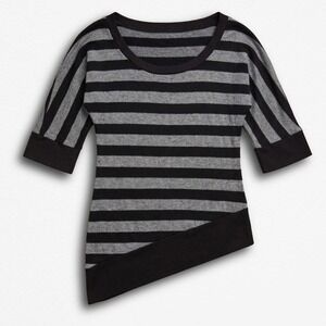 Bluheaven Womens Y2K Grey Black Striped Asymmetrical Hem Knit Top Size M